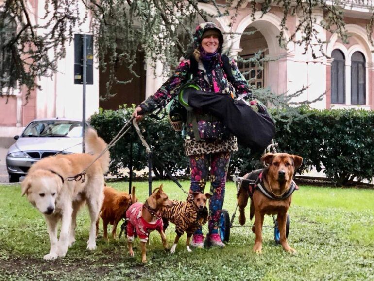 artista di strada con cani